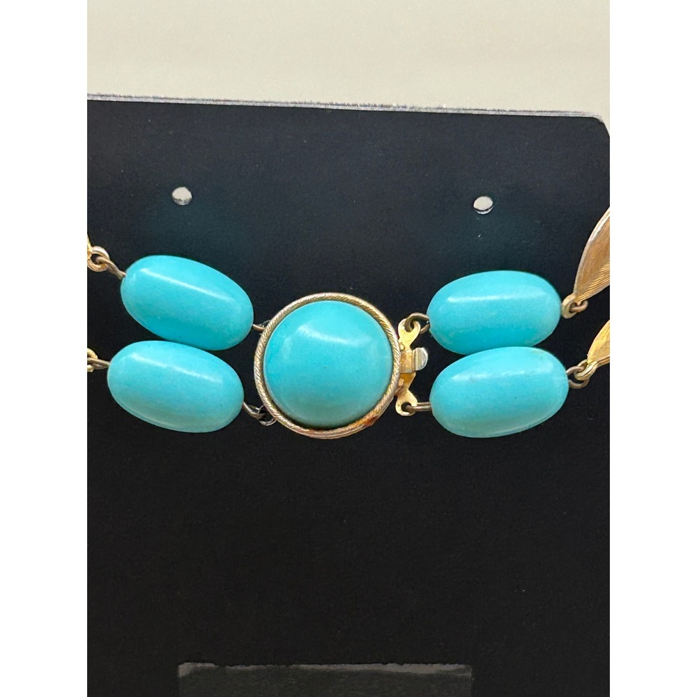 VTG Double Strand Turquoise Blue Bead Gold Leaf Link Necklace 1960 Bakelite - Picture 2 of 6